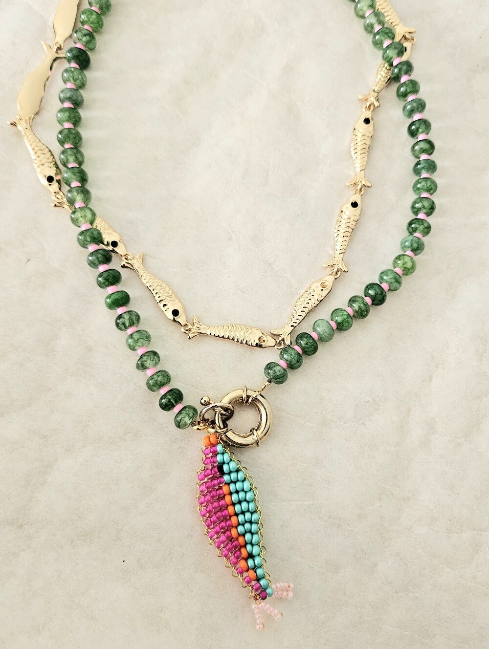 Two Necklaces Fish Motif Beaded Gold